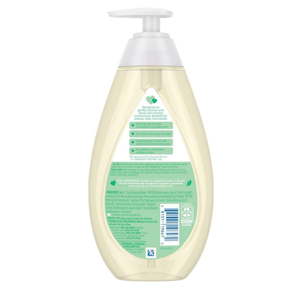 Back of Johnson's Skin Nourish Moisture Wash – Aloe Scent and Vitamin E bottle showing product information and ingredients.