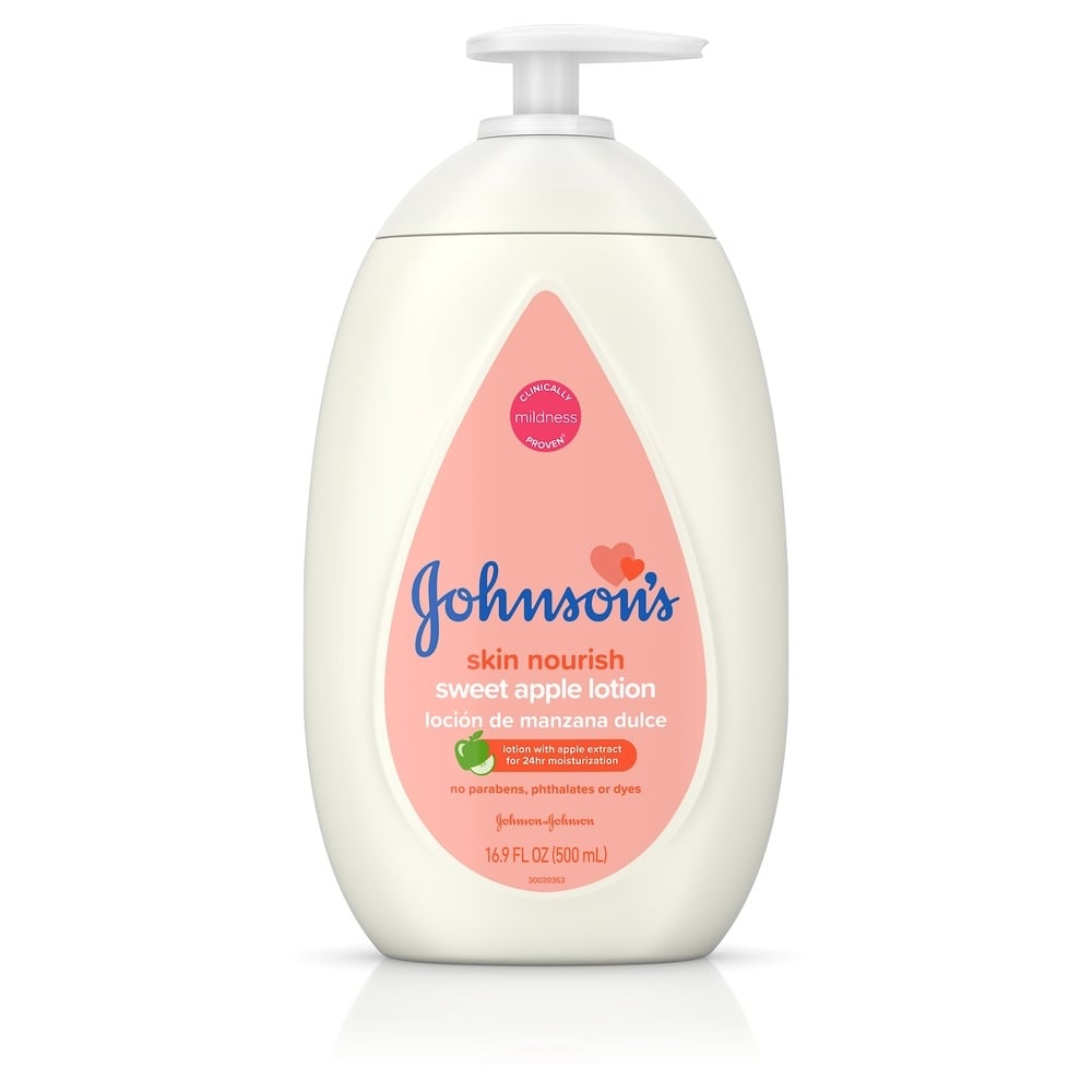 Johnsons Baby skin nourish sweet apple lotion, 16.9 FL OZ bottle with a pink label highlighting 'no parabens, phthalates or dyes