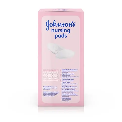 A rectangular pink box labeled "johnson's nursing pads" contains text detailing product features. The image of a nursing pad is shown. The package design appears to be intended for new mothers.