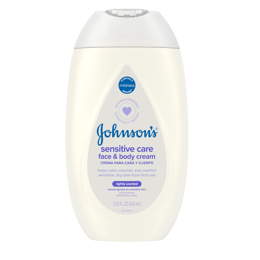 Johnson's Baby Sensitive Care Face & Body Cream bottle, 13.6 fl oz (400 ml), lightly scented, hypoallergenic, helps calm, nourish, and comfort sensitive, dry skin.