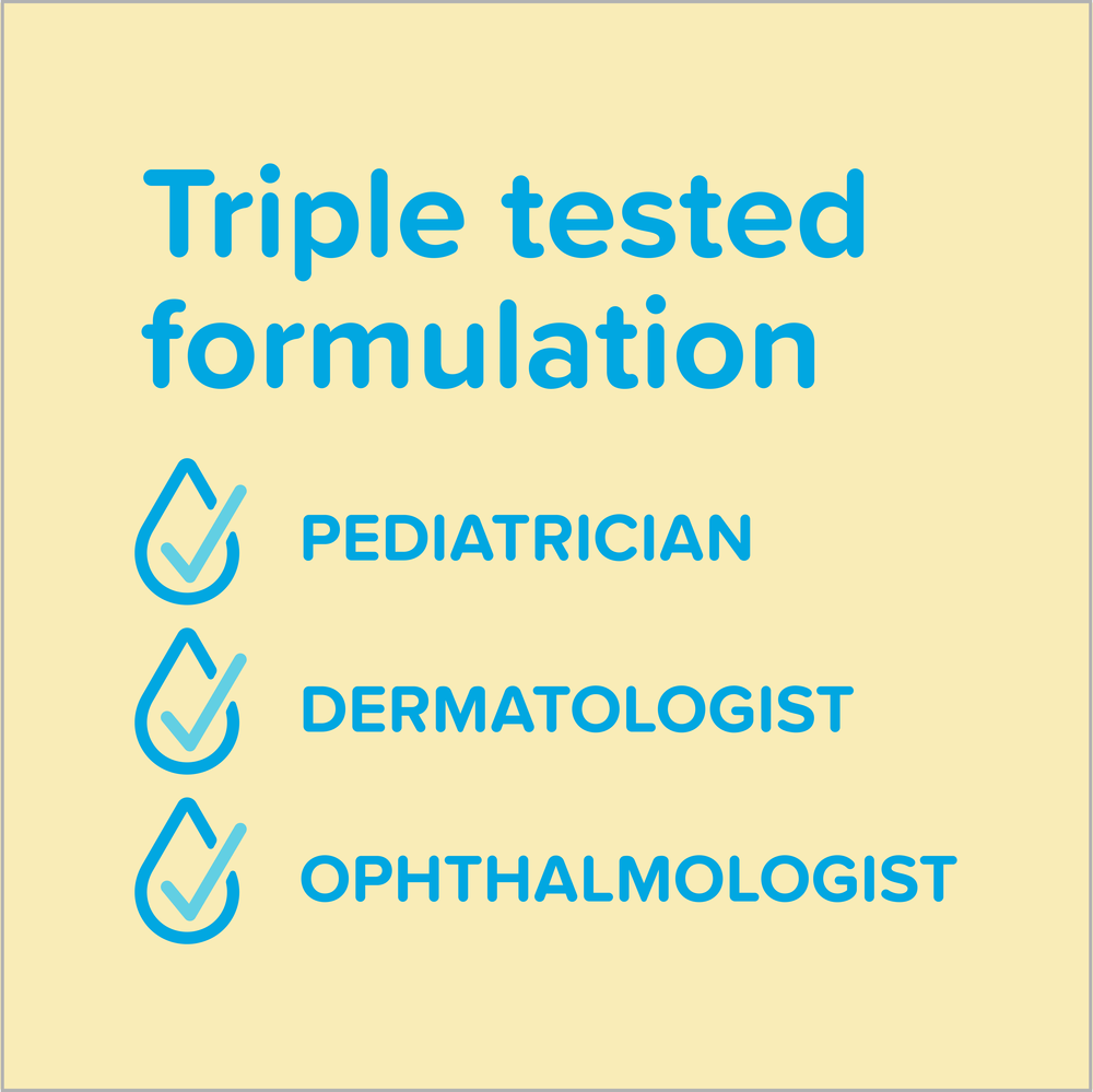 Blue graphic showing Johnson's products have a triple tested formulation by pediatrician, dermatologist, and ophthalmologist.