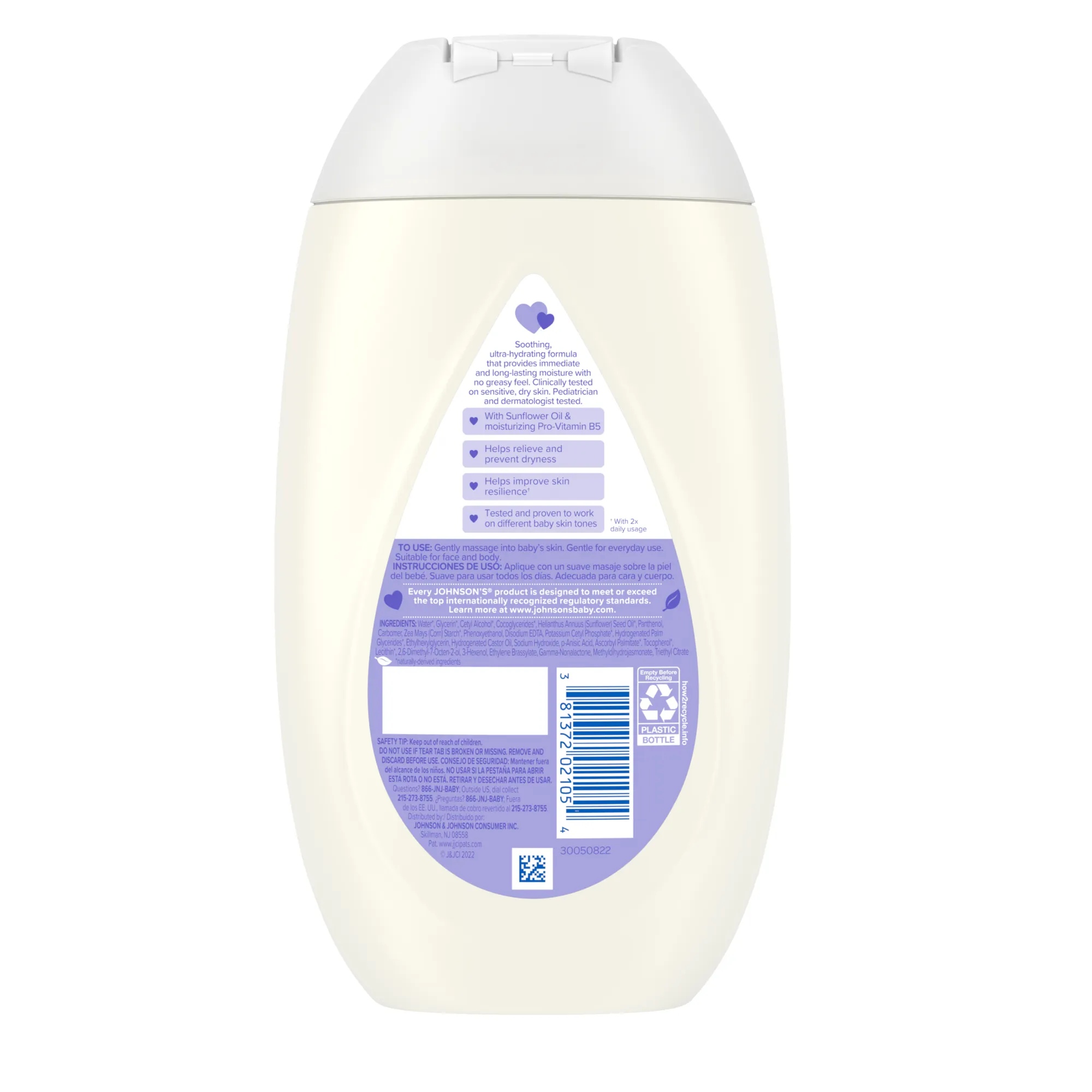 Back view of a Johnson's Baby lotion bottle with lavender and chamomile, showing the product label and instructions.