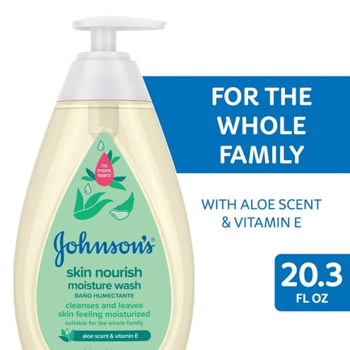 A Johnson's Skin Nourish Moisture Wash bottle with a pump, labeled "FOR THE WHOLE FAMILY," placed next to text with Aloe Scent & Vitamin E, and "20.3 FL OZ" on a blue background.