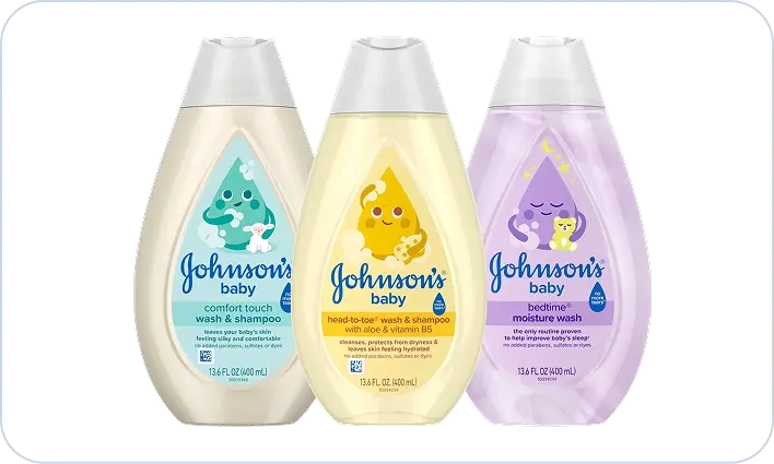 Baby Wash card image, featuring comfort touch, head-to-toe and bedtime wash & shampoo