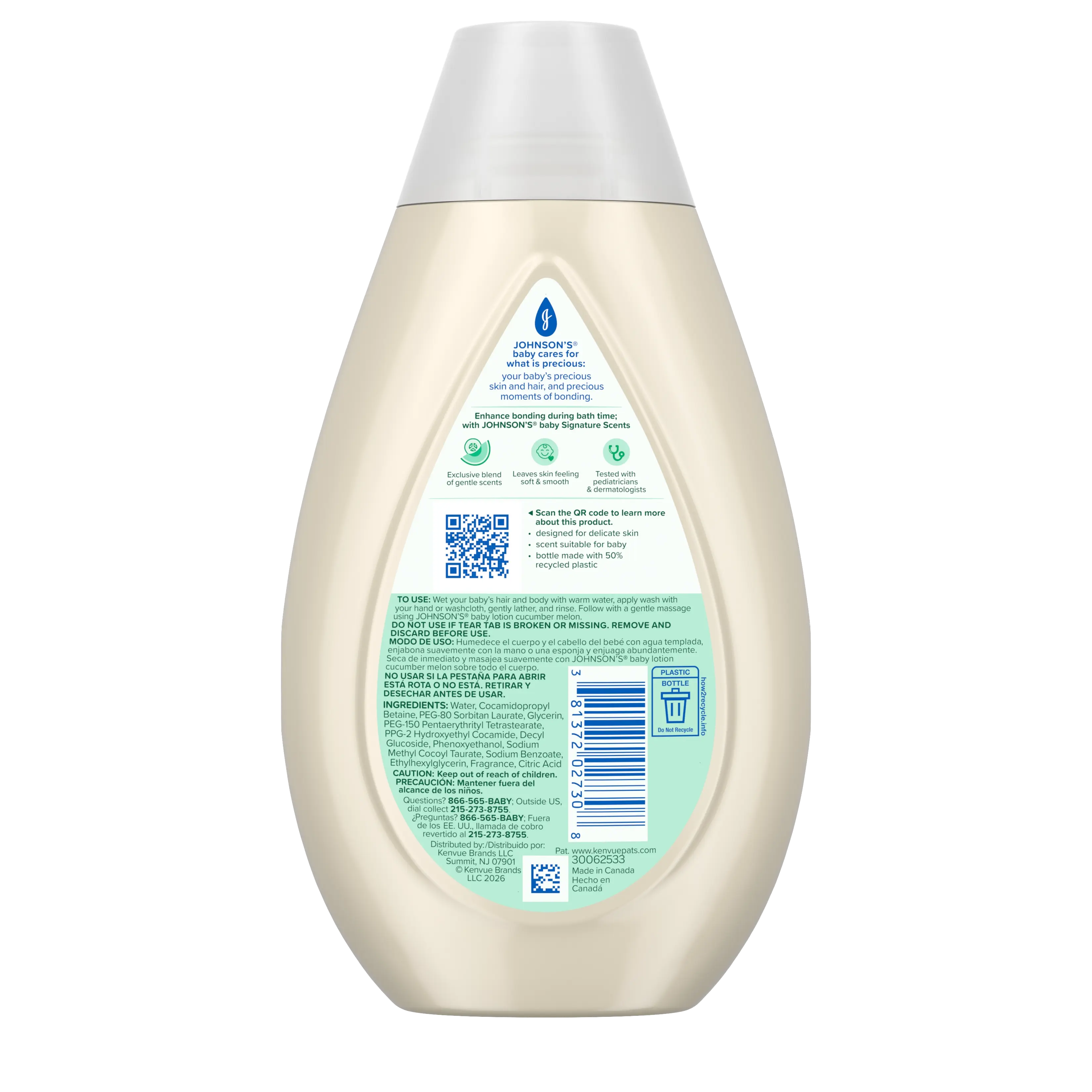 Back of Pack Shot JOHNSON’S® Baby Wash & Shampoo, Cucumber Melon Scent, 13.6oz