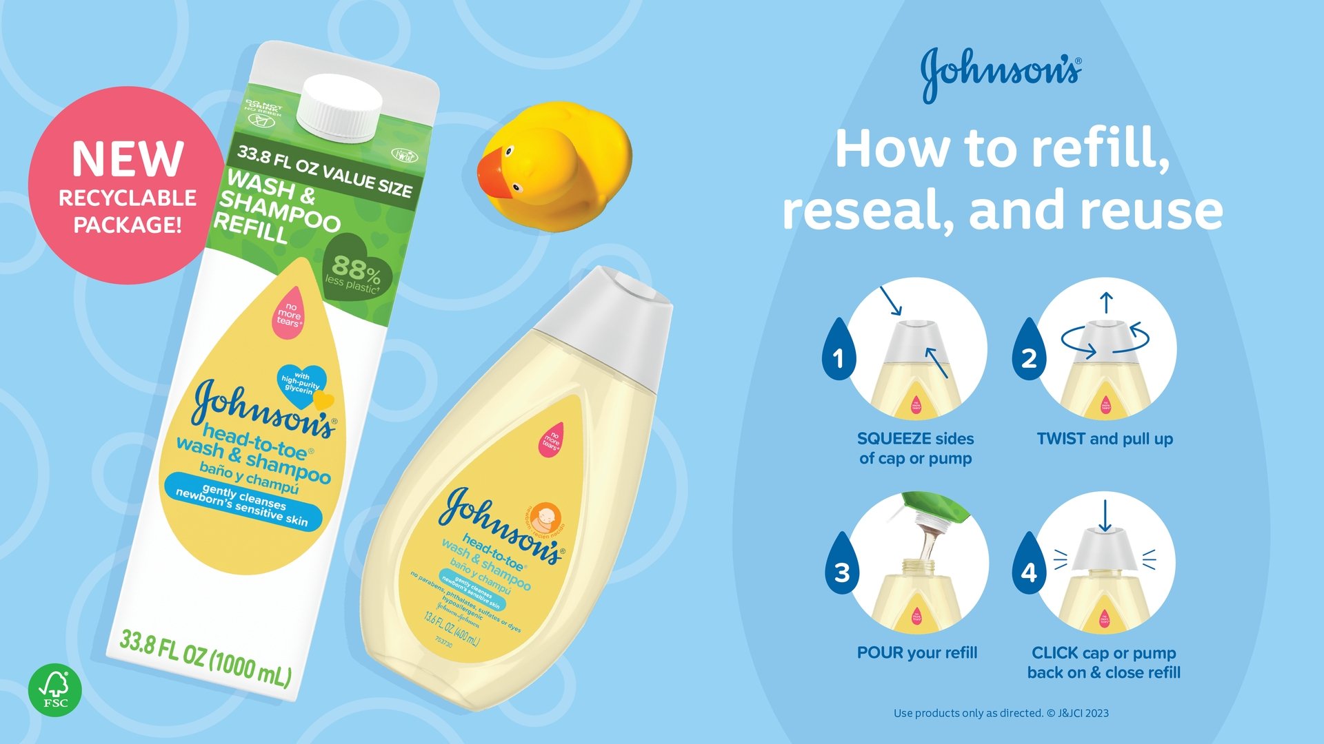 Johnson's 1000 mL shampoo refill pack, bottle, and rubber duck. Instructions: 1. Squeeze sides; 2. Twist and pull; 3. Pour refill; 4. Click cap. Text: "New Recyclable Package. 88% plant-based."