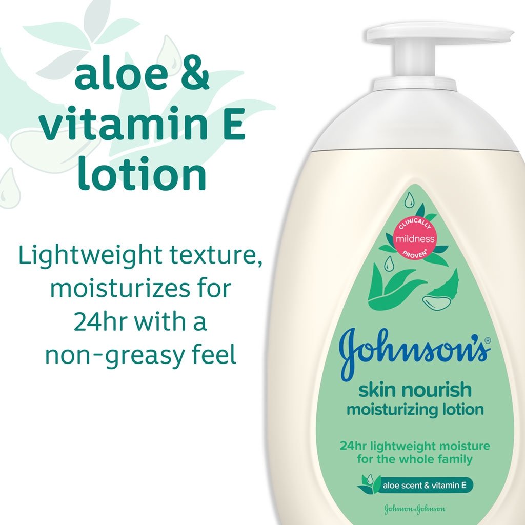 Johnson's Skin Nourish Moisturizing Lotion with Aloe Scent and Vitamin E bottle, with text 'Aloe & vitamin E lotion', 'Lightweight texture, moisturizes for 24hr with a non-greasy feel', and 'Clinically mildness proven'.