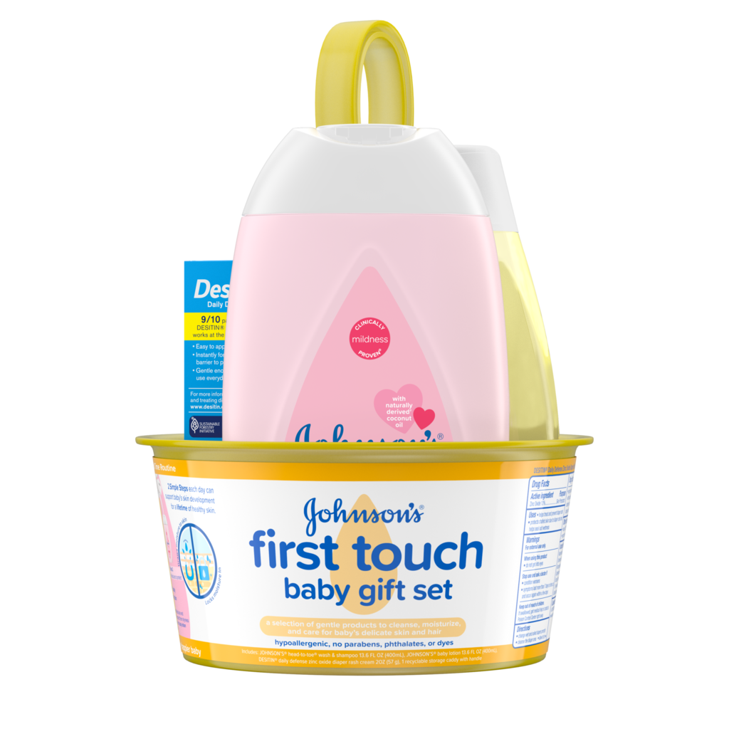 Johnson's first touch baby gift set with baby shampoo, lotion, and diaper rash cream, designed for gentle newborn care.