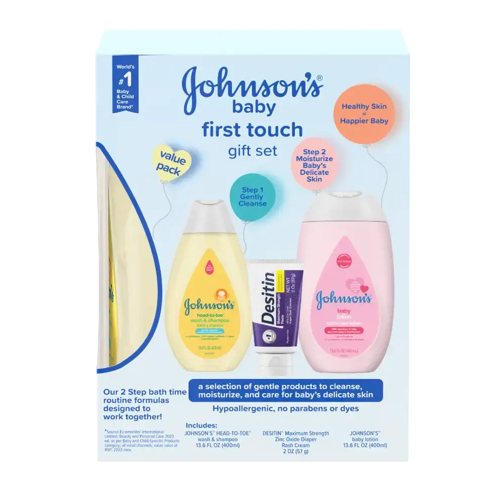 Behold the Johnson's baby first touch gift set, all dressed up in its new look. Inside, you'll find Johnson's head-to-toe wash & shampoo, Johnson's baby lotion, and Desitin Maximum Strength Zinc Oxide Diaper Rash Cream, all arranged in a reusable caddy