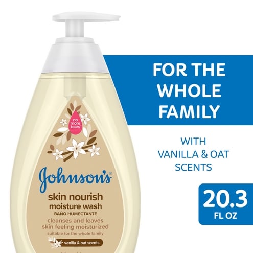 Johnson’s Skin Nourish moisture wash bottle, 20.3 fl oz, for the whole family, with vanilla and oat scents, cleanses and leaves skin feeling moisturized.