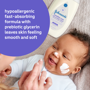 Baby smiling with lotion on face, next to a Johnson's Baby lotion bottle and text 'hypoallergenic fast-absorbing formula with prebiotic glycerin leaves skin feeling smooth and soft'.