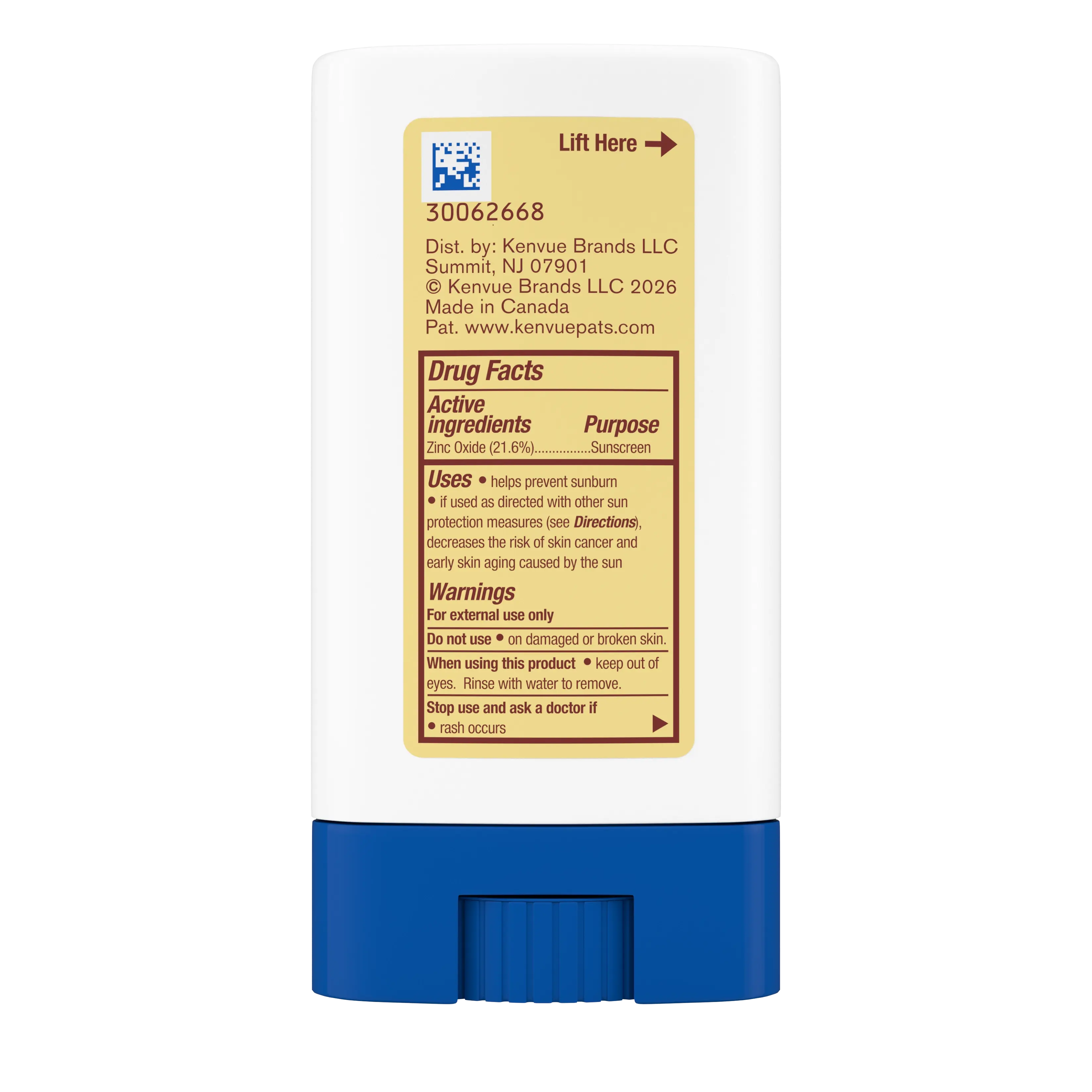 Back of Pack Shot JOHNSON’S® Baby Mineral Sunscreen Stick, SPF 50, 0.47oz