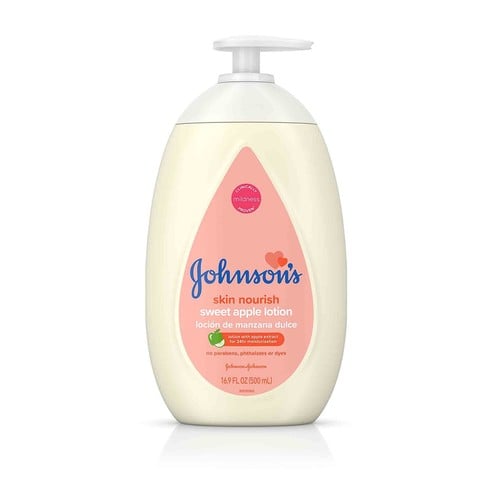 A white bottle of Johnson's skin nourish sweet apple lotion with a pump dispenser stands against a plain background. Text includes "hypoallergenic, no parabens, phthalates or dyes," and the bottle contains 16.9 FL OZ (500 mL).