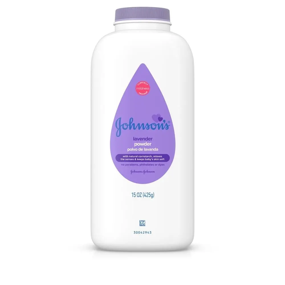 Johnsons lavender powder bottle with purple cap and label, 15 oz.