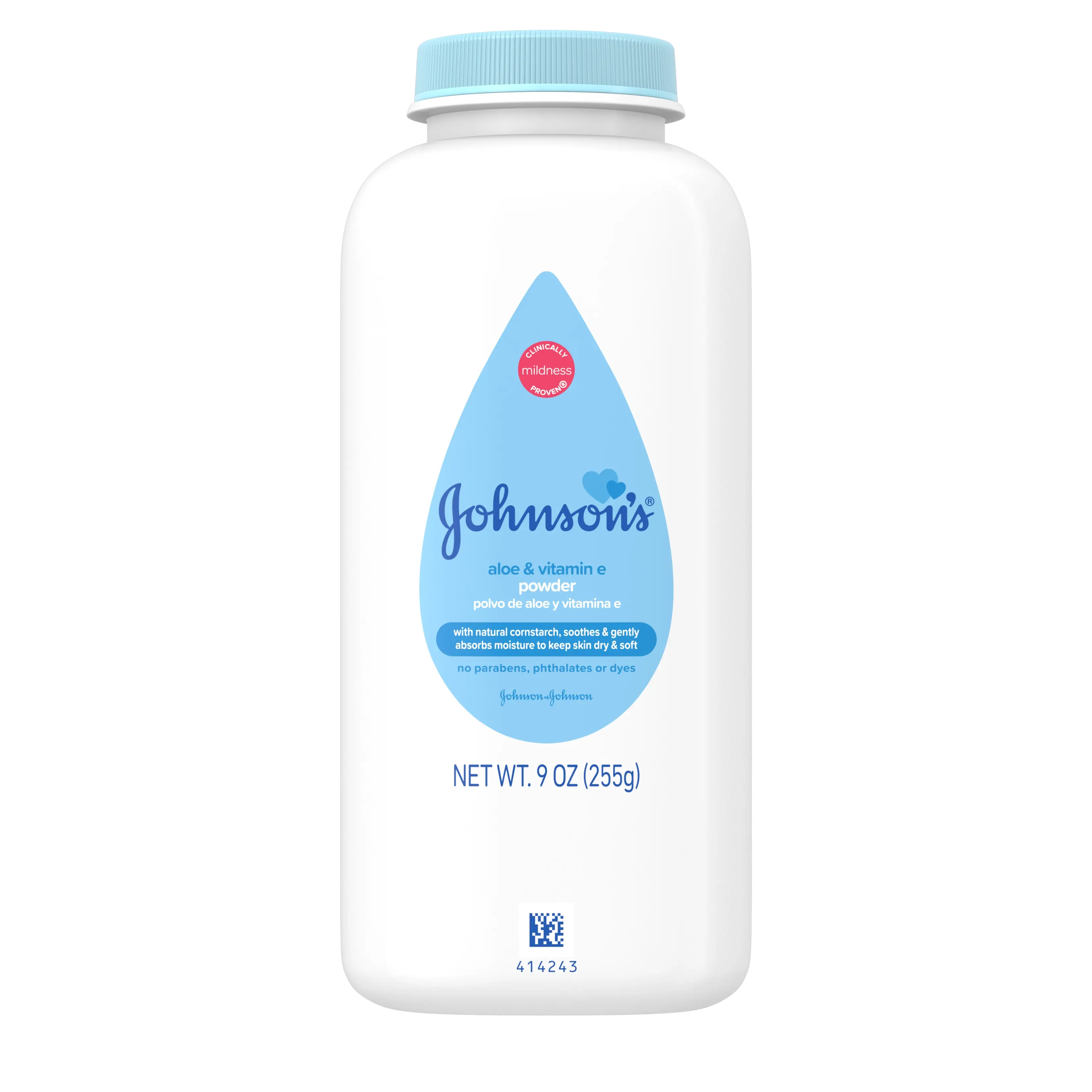 Front Pack Shot of Johnson's® Cornstarch Baby Powder with Aloe & Vitamin E 9oz 255g
