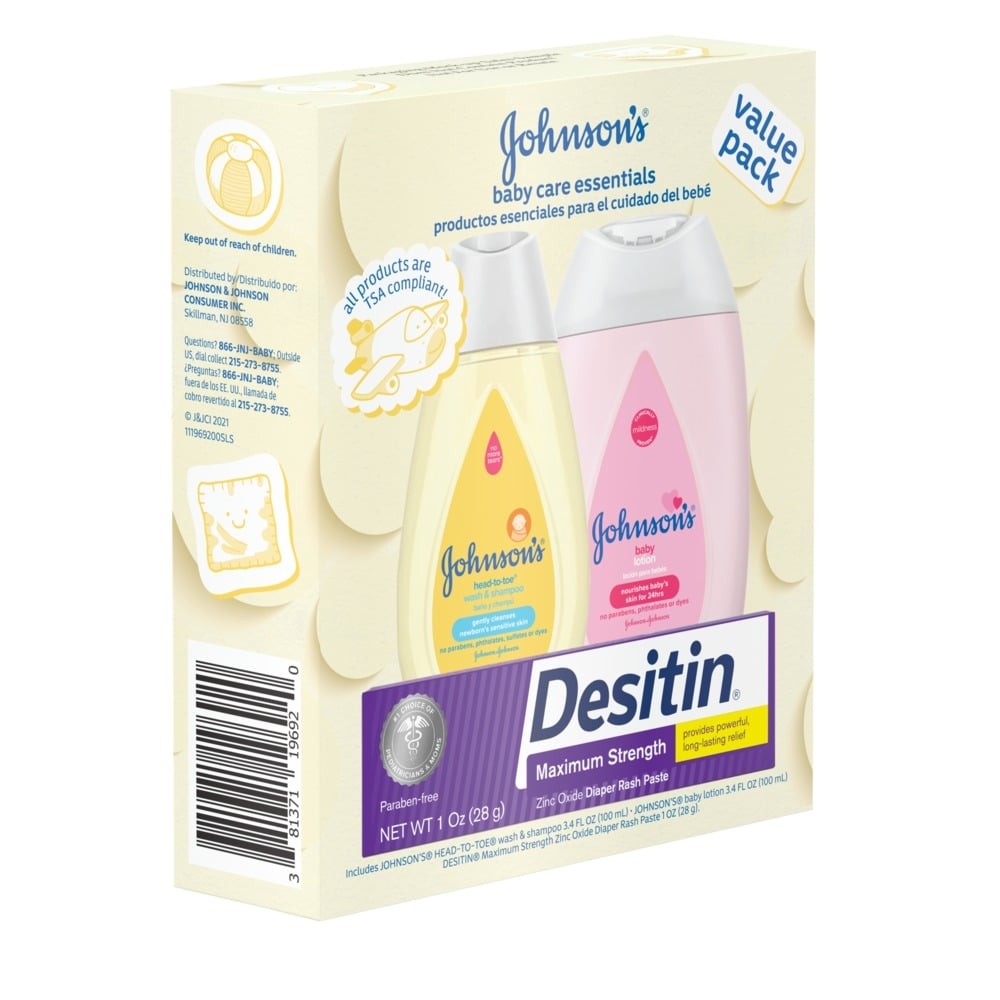 Johnson's Baby Care Essentials value pack featuring baby lotion and body wash, alongside Desitin Maximum Strength diaper rash paste, net weight 1 oz each.