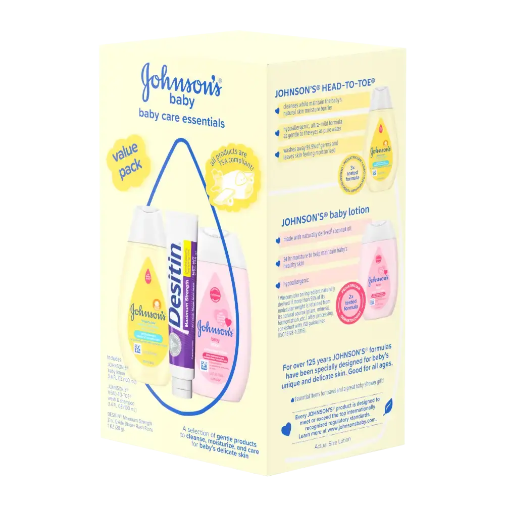 Johnson's baby care essentials value pack: New look! Includes gentle lotion, wash & shampoo, and diaper rash paste, all TSA compliant.