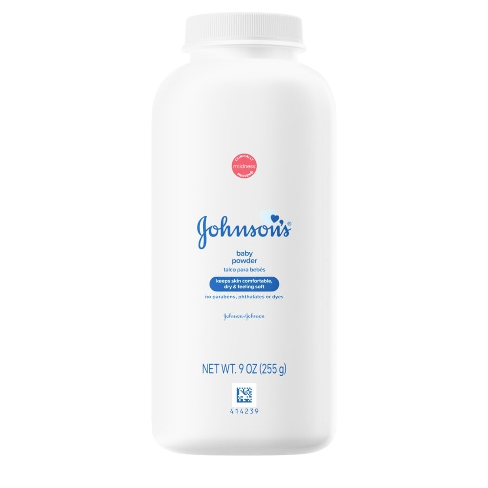 Johnson's baby powder in a 9 oz white bottle, labeled with no parabens, phthalates, or dyes.