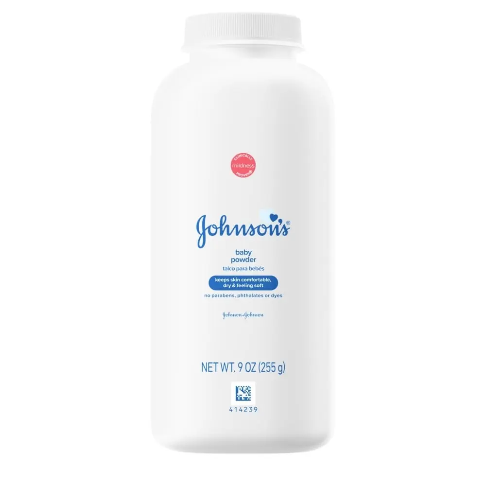 Johnson's baby powder in a 9 oz white bottle, labeled with no parabens, phthalates, or dyes.