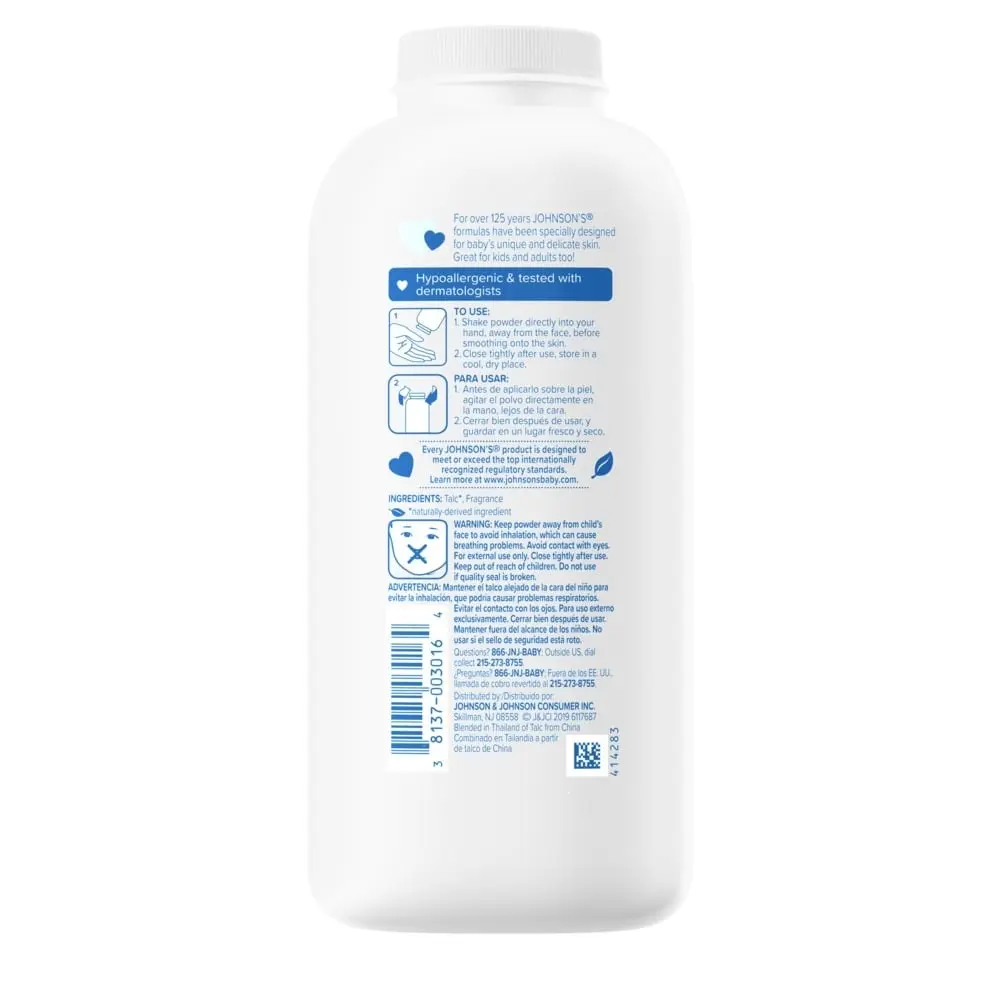 Back view of Johnson's baby powder in a 9 oz white bottle showing usage instructions and ingredients.
