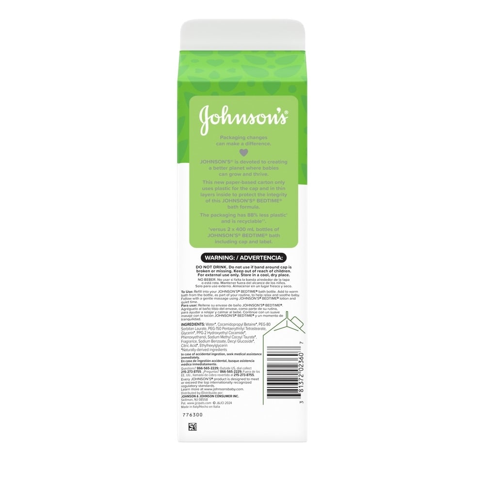 Rectangular green and white carton displays text: "Johnson's. Packaging changes can make a difference." Describes eco-friendly packaging and contains a warning section and ingredient list. Context: product packaging for baby bath liquid.