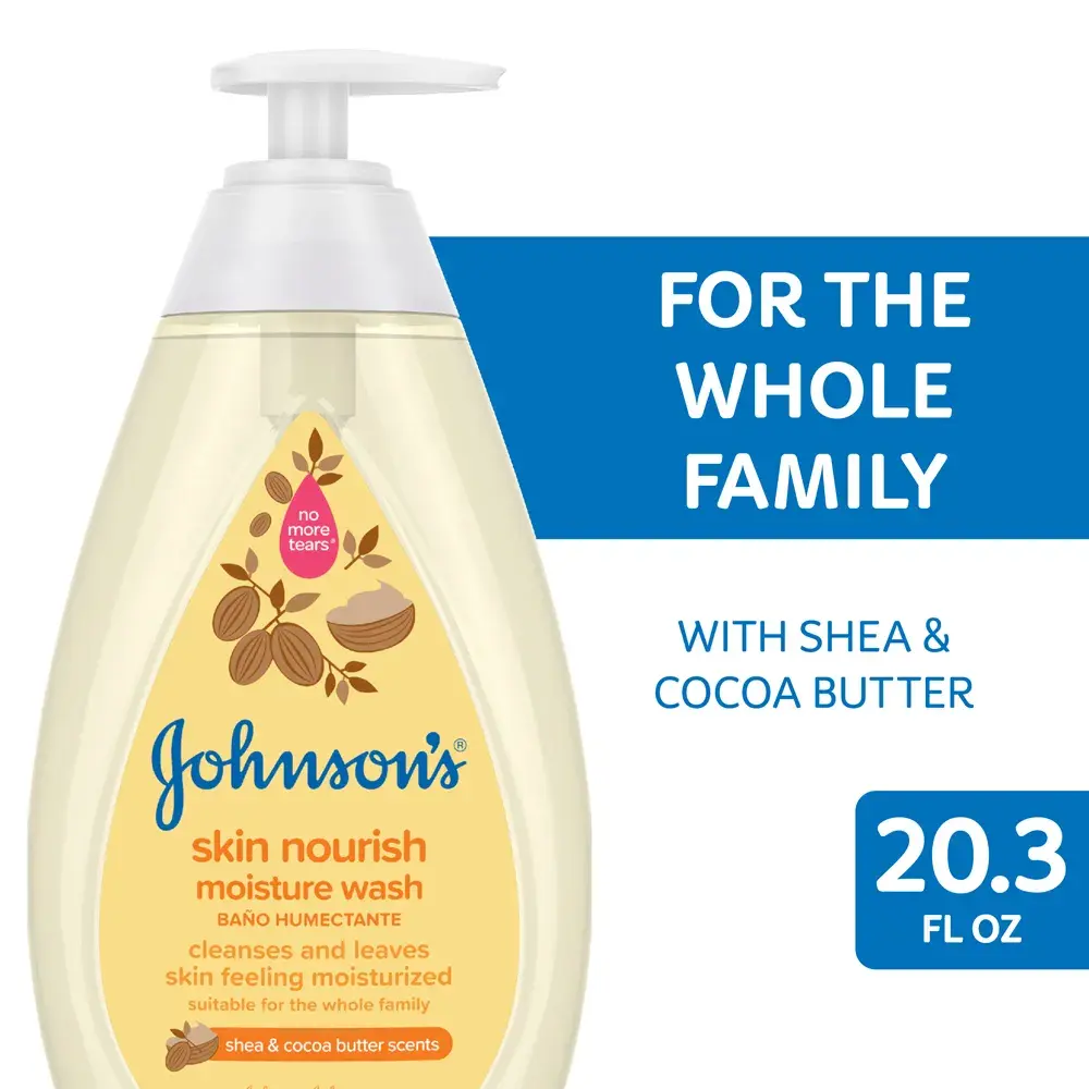 Johnson's Skin Nourish moisture wash bottle, 20.3 fl oz, with text 'For the whole family' and 'With shea & cocoa butter'.