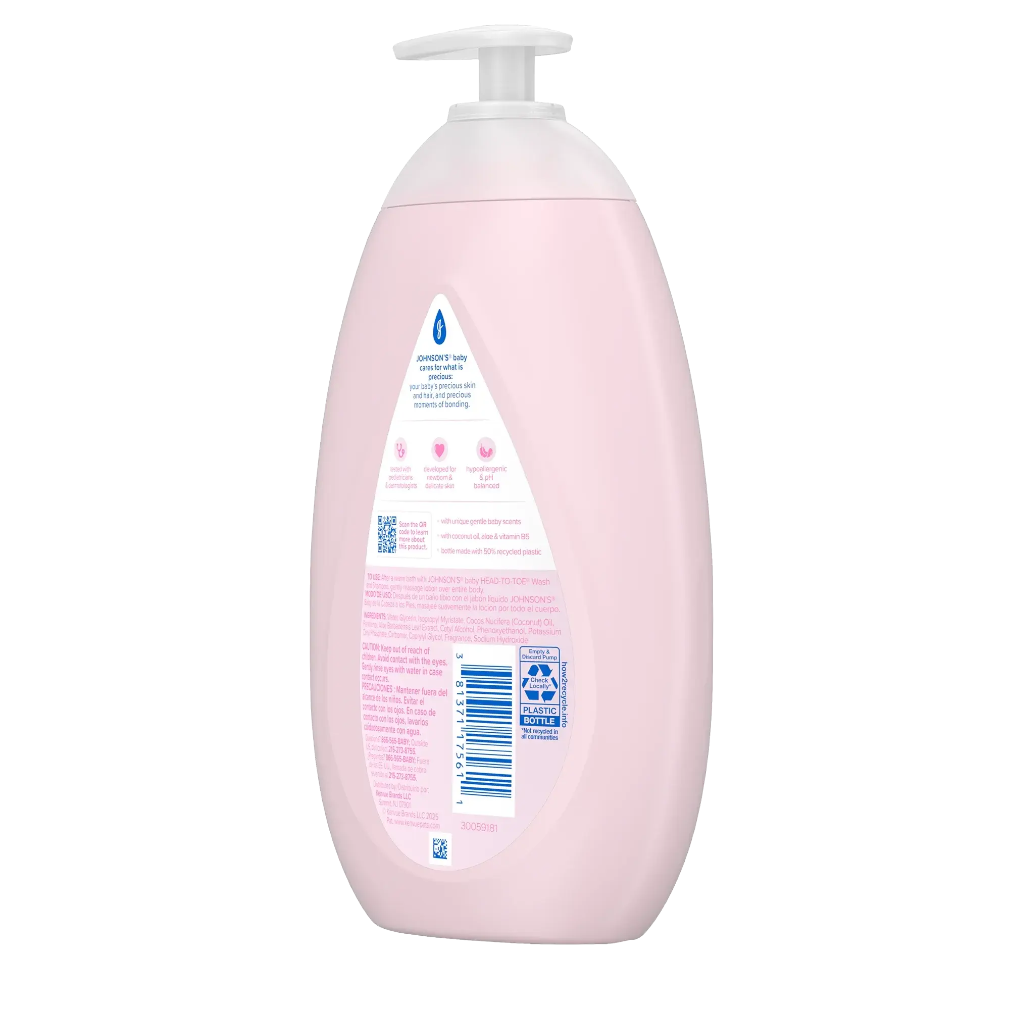 Back close of a light pink bottle of Johnson's baby lotion. The label also includes product information and a barcode on the lower right side. Recycling details are provided at the bottom.