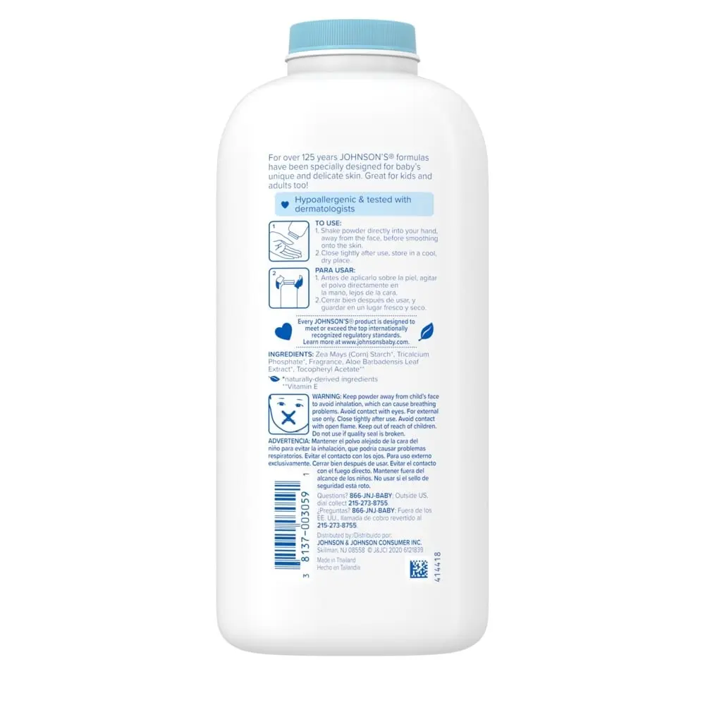 Back of Johnson's baby powder bottle with aloe and vitamin E, showing usage instructions, ingredients, and hypoallergenic information.