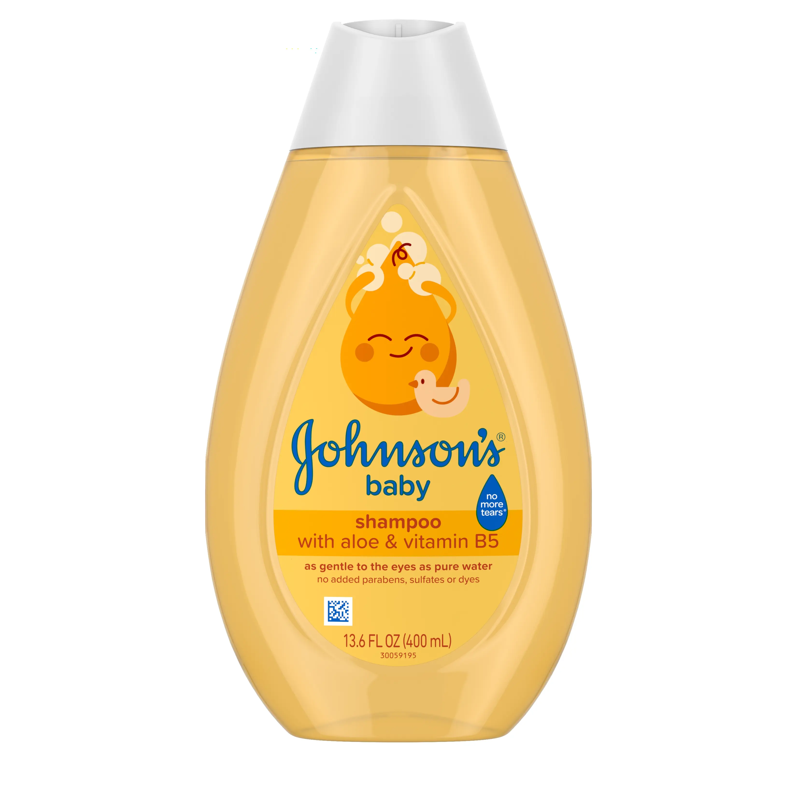 Front Pack Johnson's Baby Shampoo 13.6FL OZ 400ML - with Aloe and Vitamin B5, in a bottle.