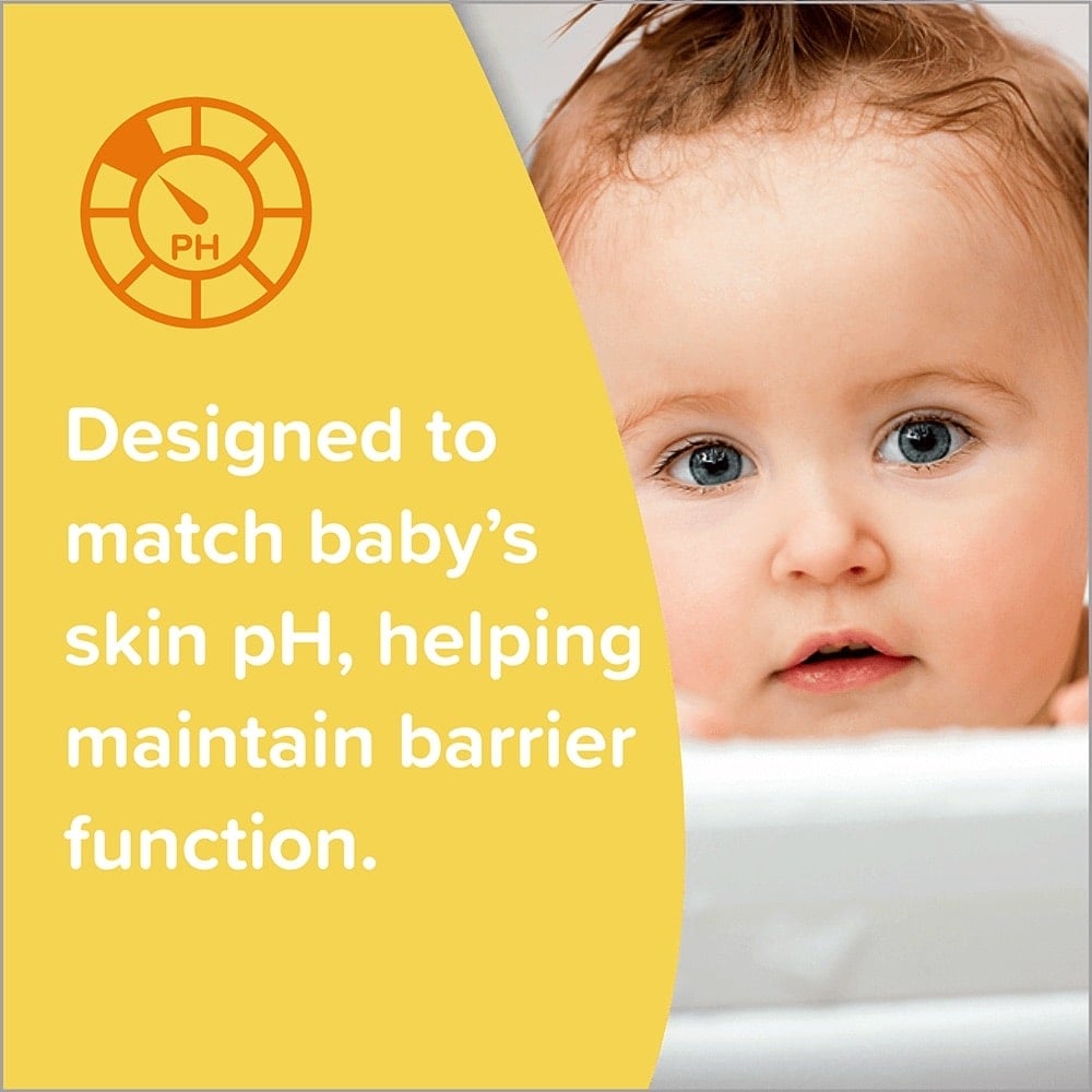 Baby with wet hair and focused expression next to text 'Designed to match baby’s skin pH, helping maintain barrier function' and a pH icon on a yellow background. Johnson's Baby.