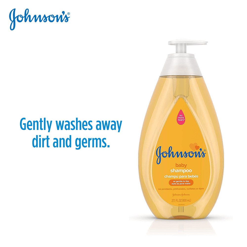 Johnson's baby shampoo bottle with text 'Gently washes away dirt and germs' displayed beside the product.