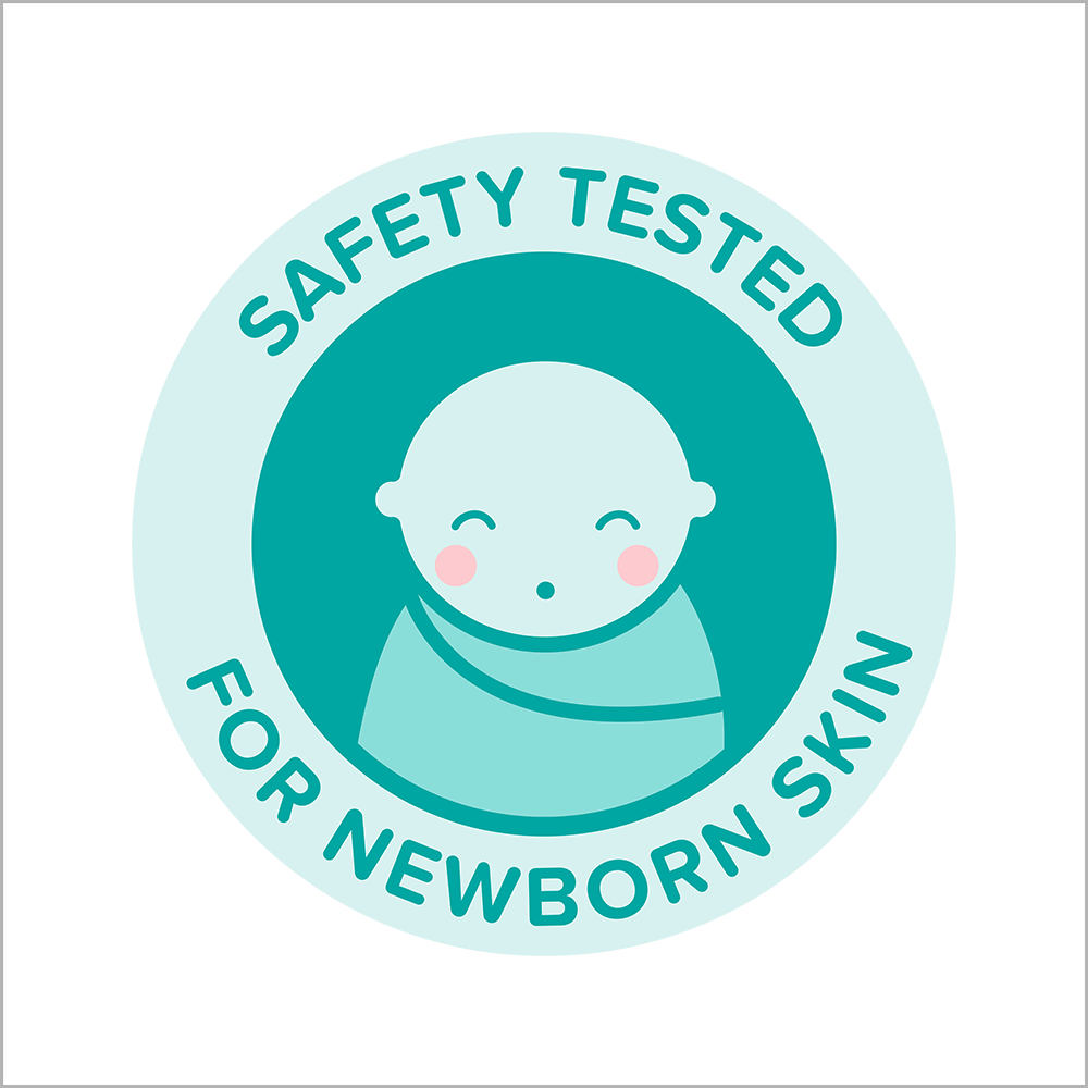 Safety tested for newborn skin badge with a smiling baby icon and text.