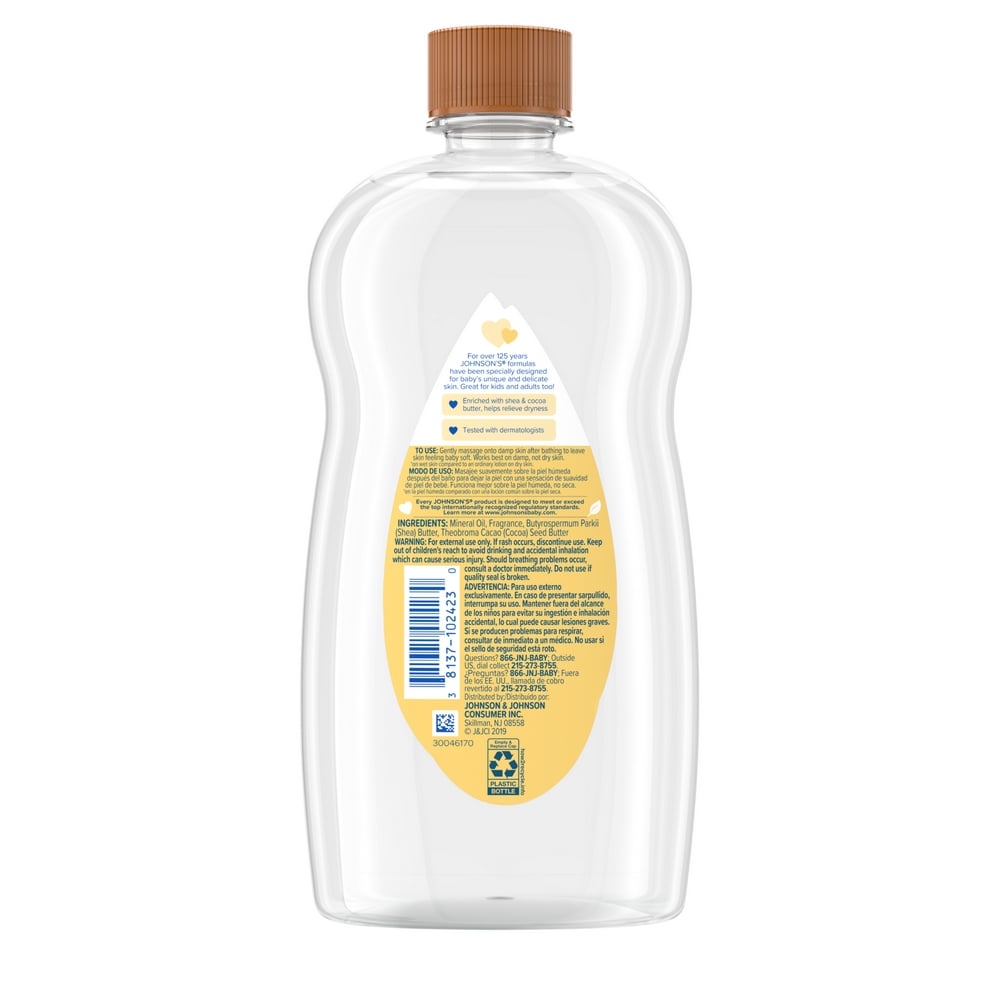 Back view of Johnson's Baby Shea & Cocoa Butter Oil, 20 fl oz bottle, with mildness guarantee, no parabens, phthalates, or dyes, locks in up to 10x more moisture, suitable for babies.