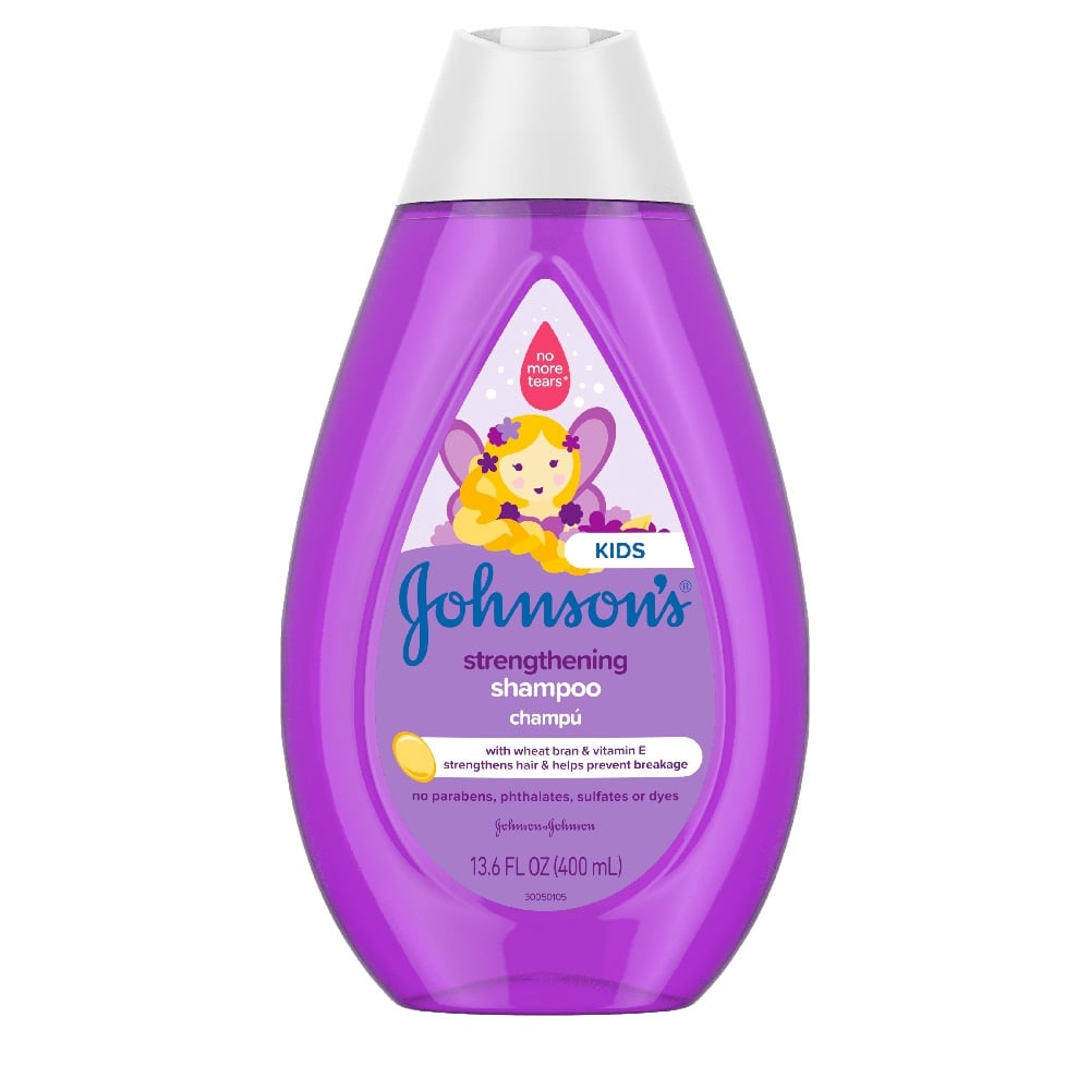 Johnson's Baby Kids Strengthening Shampoo bottle, 13.6 fl oz, with a purple label featuring a yellow bear and butterfly illustration.