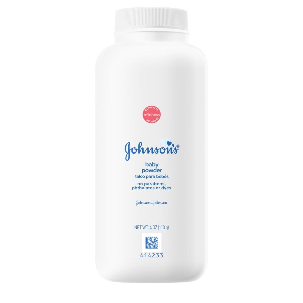 Johnson's baby powder in a white bottle, 4 oz, labeled with no parabens, phthalates, or dyes.