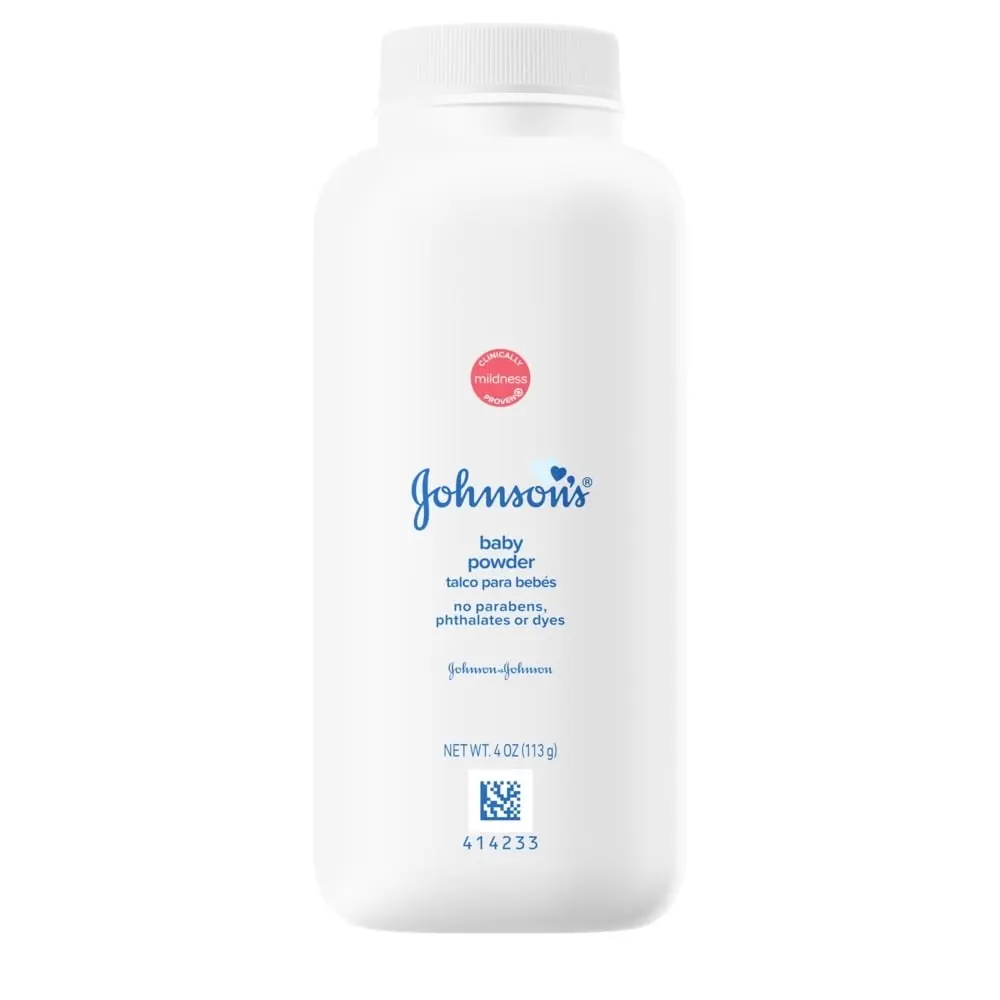 Johnson's baby powder in a white bottle, 4 oz, labeled with no parabens, phthalates, or dyes.