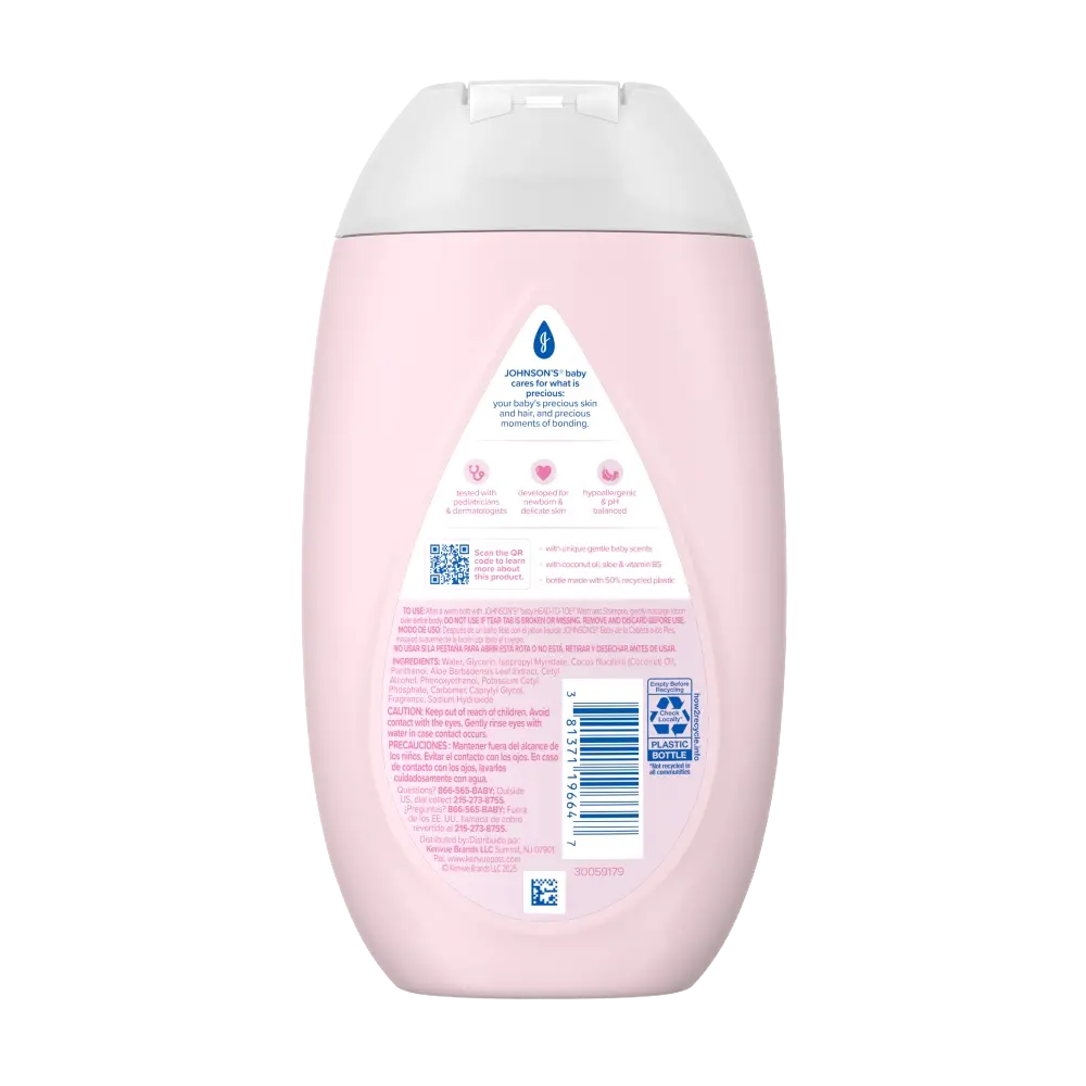 A light pink bottle of Johnson's baby lotion with a logo at the top of the label. The label also includes product information and a barcode on the lower right side. Recycling details are provided at the bottom.