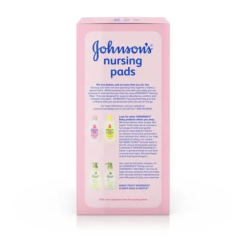 A pink package labeled "Johnson's nursing pads" features text describing product benefits and instructions. Surrounding the text are symbols indicating absorbency and comfort. The package stands upright on a white background.