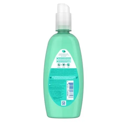 Back view of Johnson's No More Tangles Fruity Detangling Spray with label detailing the product information.
