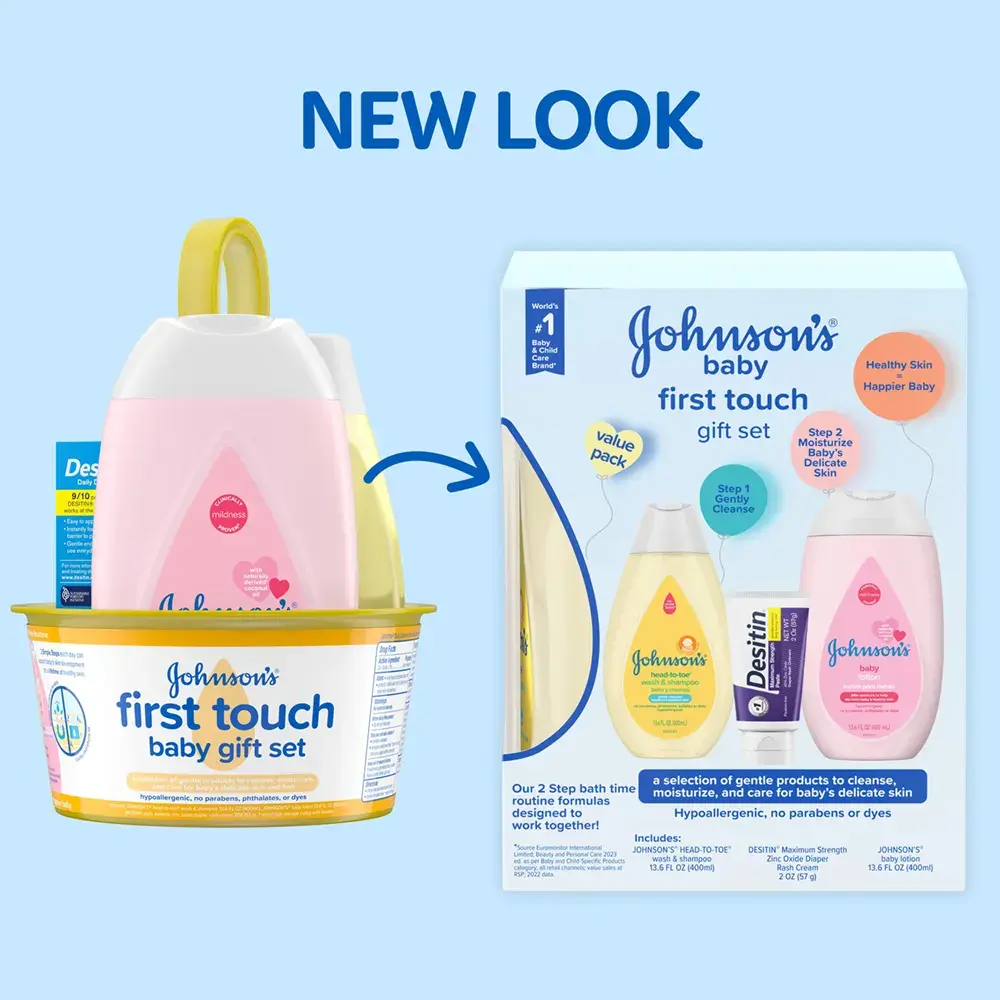 New Johnson's baby first touch gift set. It's got everything you need for that first bath, and it's hypoallergenic and paraben-free.