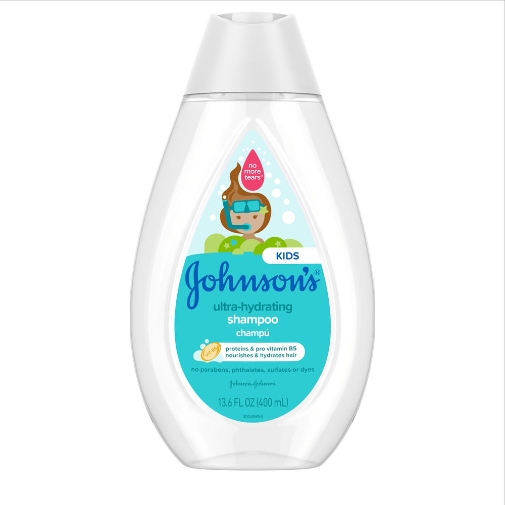 Johnsons Baby ultra-hydrating shampoo for kids, 13.6 fl oz (400 ml), with a blue label featuring a cartoon child in a diving mask and mentions no parabens, phthalates, sulfates, or dyes.