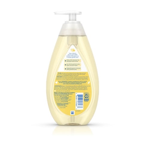 A transparent, yellow, teardrop-shaped bottle of Johnson's Head-to-Toe Baby Wash & Shampoo with a white pump top stands on a plain white background. Text on the bottle reads: "No More Tears, Hypoallergenic, free from parabens, sulfates and phthalates."