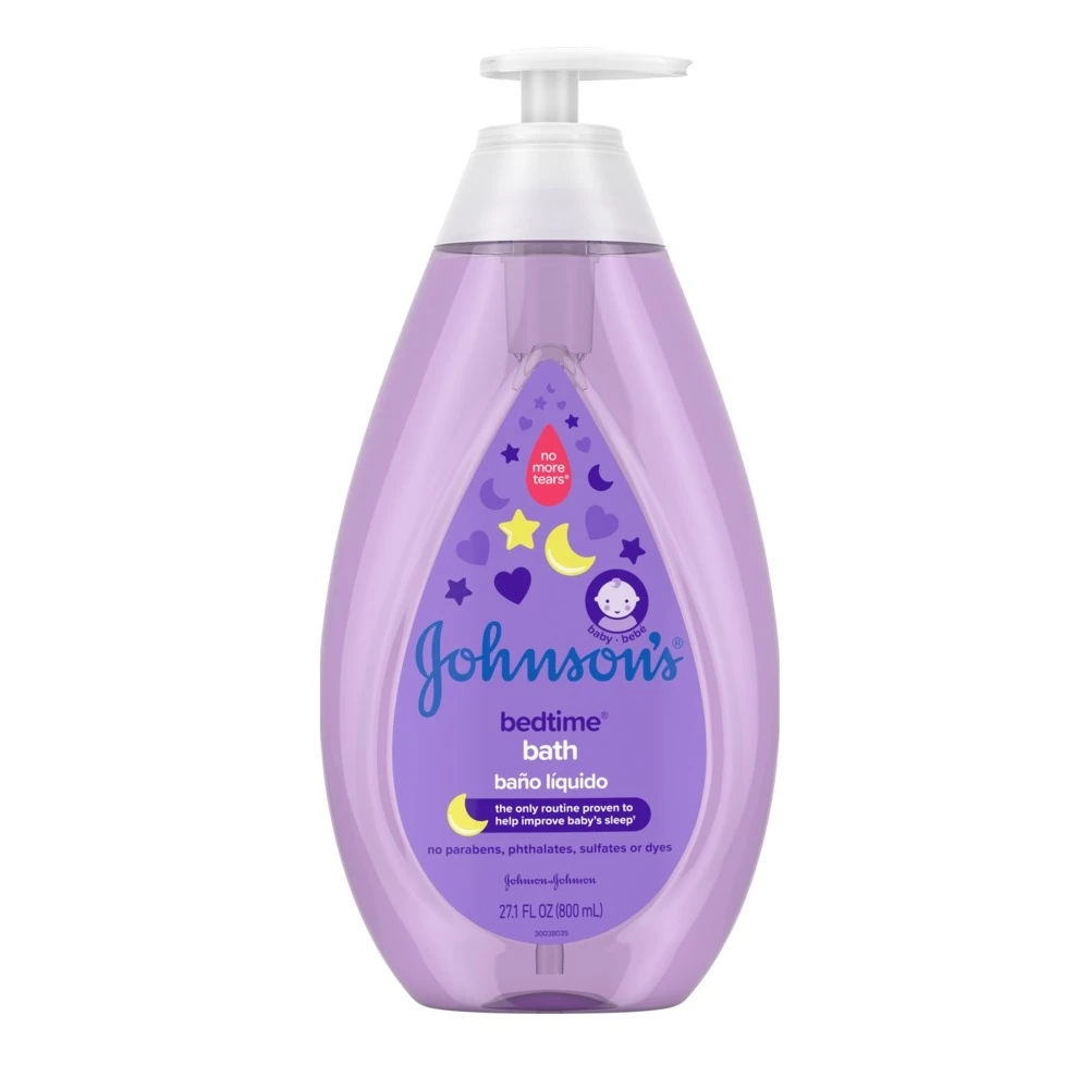 Johnson's Bedtime Bath liquid bottle in purple packaging with a pump, indicating it is free of parabens, phthalates, sulfates, or dyes, and helps improve baby's sleep, 27.1 FL OZ (800 mL).
