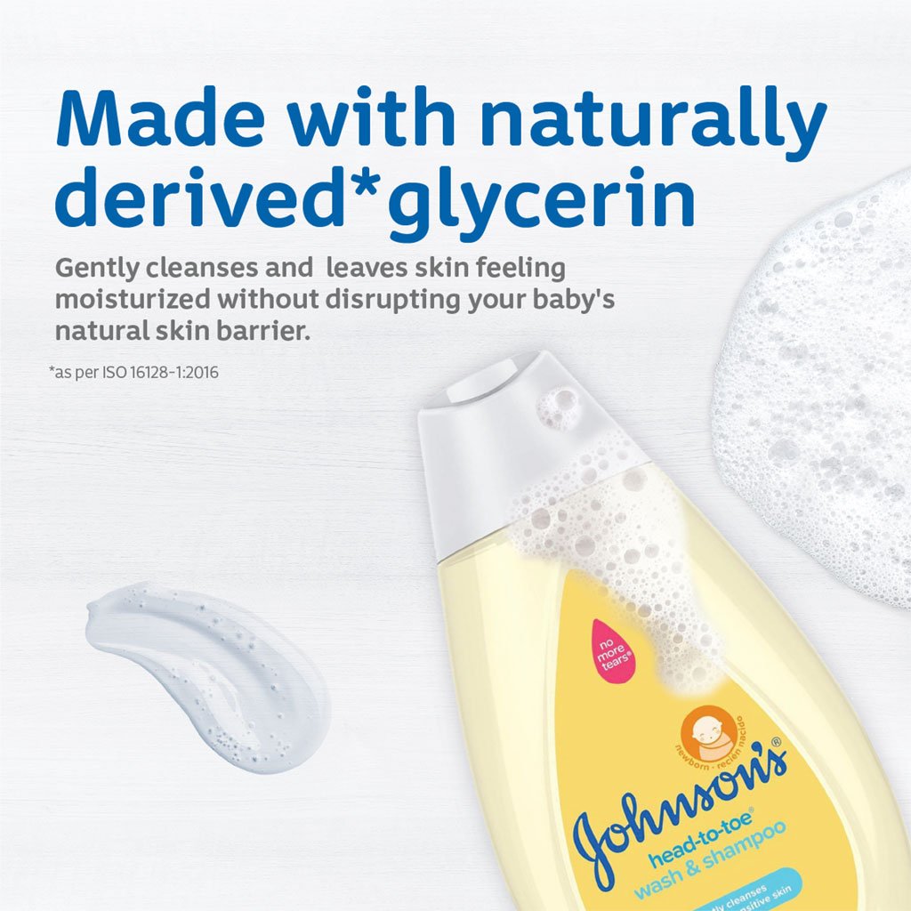 Johnson's Head-to-Toe Wash & Shampoo with text 'Made with naturally derived glycerin' and 'Gently cleanses and leaves skin feeling moisturized without disrupting your baby's natural skin barrier.'