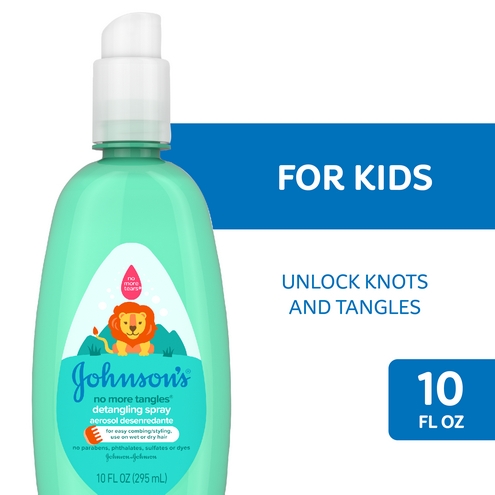 Johnson's No More Tangles detangling spray bottle for kids, 10 fl oz, with text 'Unlock knots and tangles'.