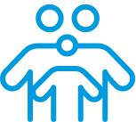 Blue icon of two figures embracing, representing family support and community care.