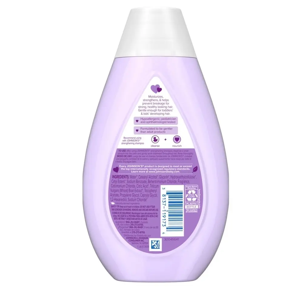 Back view of Johnson's Kids Strengthening Conditioner with Vitamin E with purple packaging, showing ingredients list and product details.