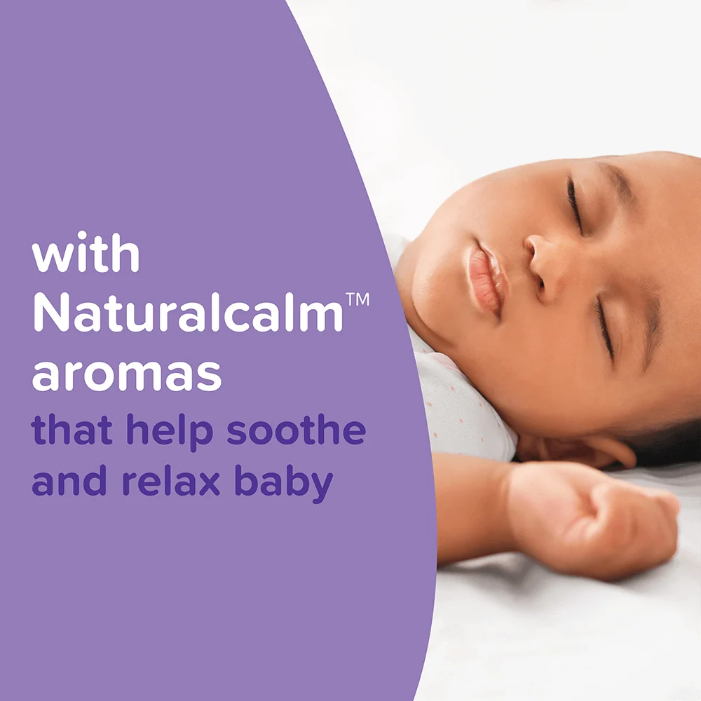 Sleeping baby with text overlay: 'with Naturalcalm aromas that help soothe and relax baby'.