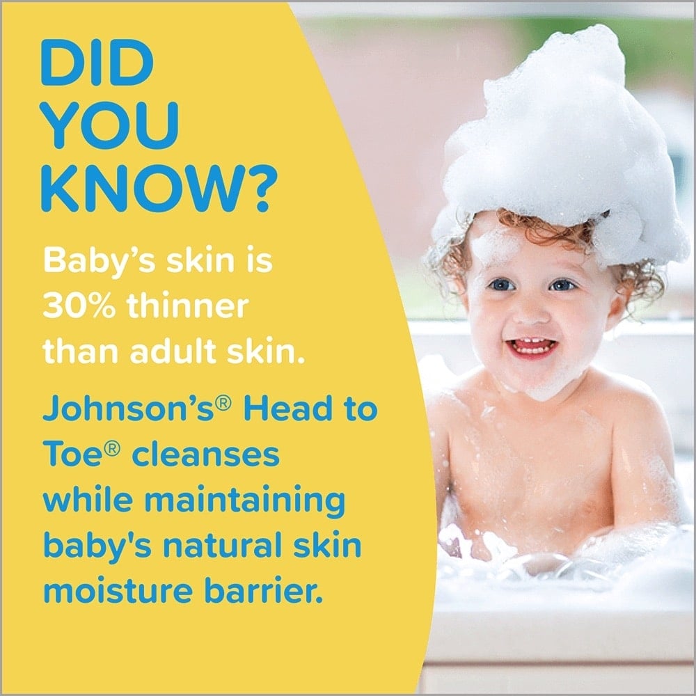 Baby with soap foam on head smiling in a bath next to text 'Did you know? Baby's skin is 30% thinner than adult skin. Johnson’s Head to Toe cleanses while maintaining baby’s natural skin moisture barrier.'