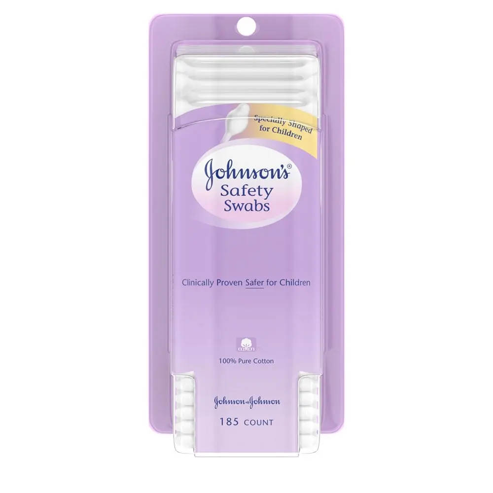 Johnson's Baby Safety Swabs package, 185 count, with a purple label indicating they are specially shaped for children and made of 100% pure cotton.